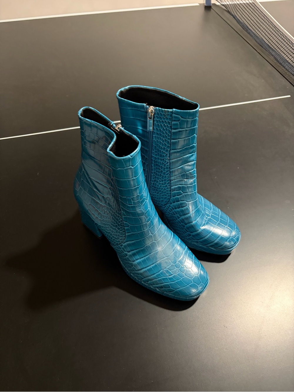 Teal Croc-Embossed Ankle Boots